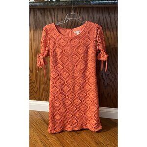 Size 6 Coral Crocheted Dress With Satin Lining Spring Summer Dress  Mid Length